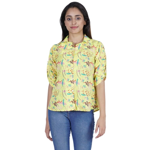 Moomaya Womens Printed Top Roll-Up Sleeve Collar Neck Button-Down Shirt