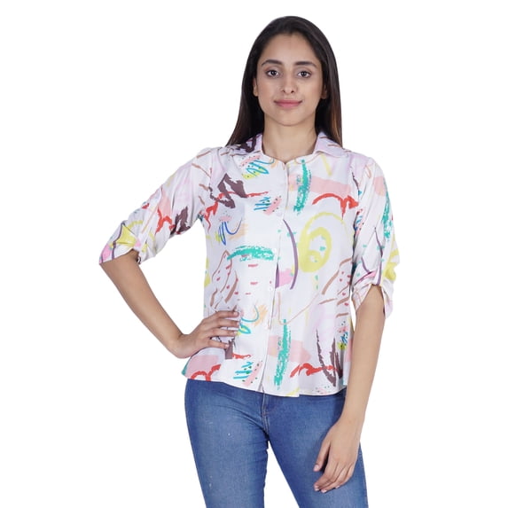 Moomaya Womens Printed Top Roll-Up Sleeve Collar Neck Button-Down Shirt