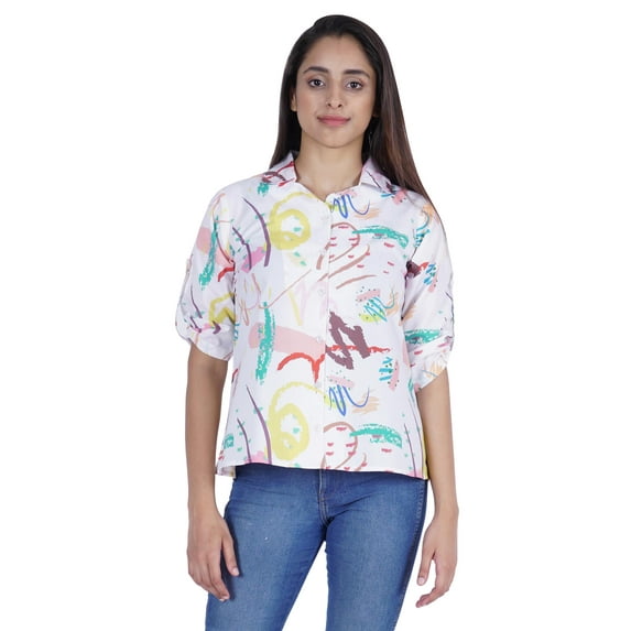 Moomaya Womens Printed Top Roll-Up Sleeve Collar Neck Button-Down Shirt