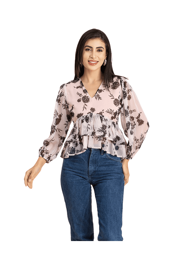 Womens Printed V Neck Top, Balloon Sleeves Ruffled Chiffon Crop Top