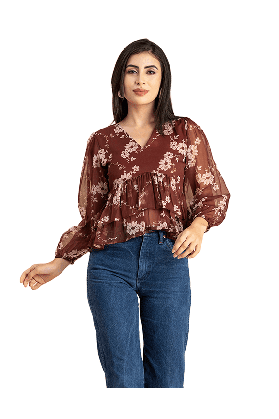 Womens Printed V Neck Top, Balloon Sleeves Ruffled Chiffon Crop Top