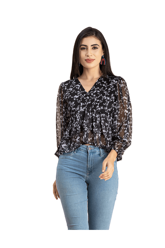 Womens Printed V Neck Top, Balloon Sleeves Ruffled Chiffon Crop Top