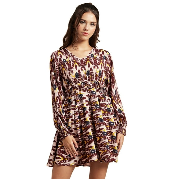 Moomaya Womens Printed Viscose Dress, Balloon Sleeves V-Neck Smocked Waist Short Dress
