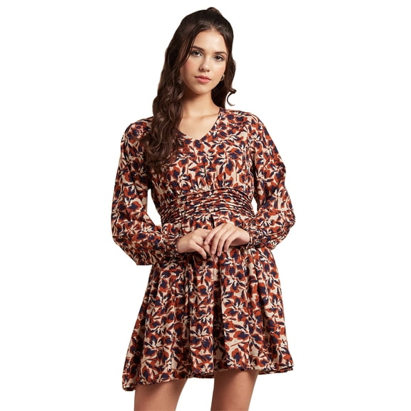 Moomaya Womens Printed Viscose Dress, Balloon Sleeves V-Neck Smocked Waist Short Dress