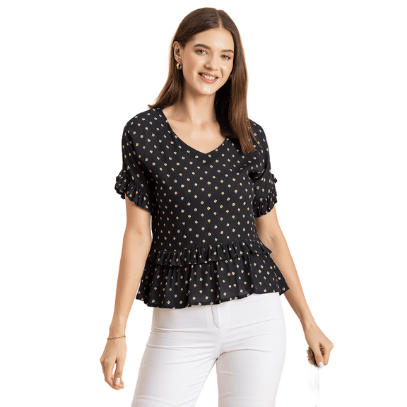 Moomaya Womens Printed Viscose Top, Ruffled, V-Neck, Elbow Sleeves Loose-Fit Summer Tops