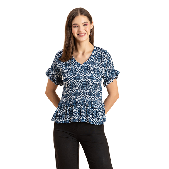 Moomaya Womens Printed Viscose Top, Ruffled, V-Neck, Elbow Sleeves Loose-Fit Summer Tops