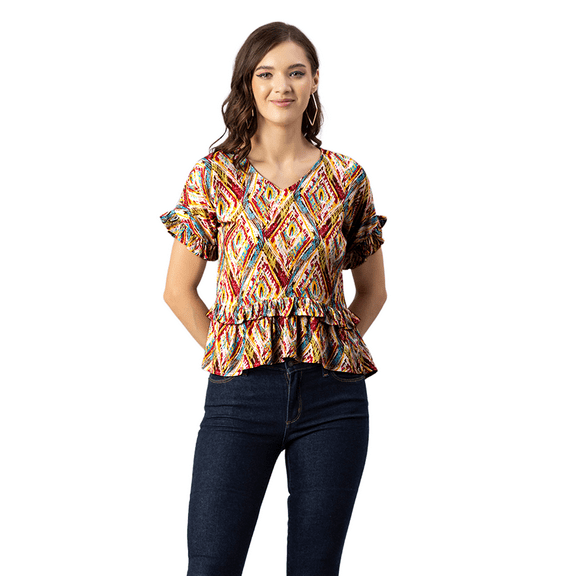 Moomaya Womens Printed Viscose Top, Ruffled, V-Neck, Elbow Sleeves Loose-Fit Summer Tops