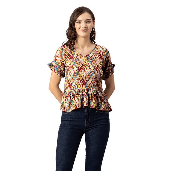 Moomaya Womens Printed Viscose Top, Ruffled, V-Neck, Elbow Sleeves Loose-Fit Summer Tops