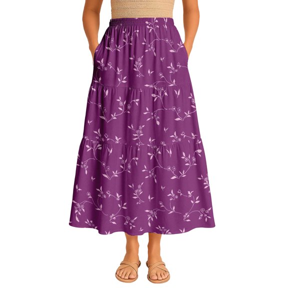 Moomaya Womens Rayon Maxi Skirt with Pockets | Flowy Tiered Boho Skirt | Elastic Waist Resort Wear | Summer & Travel Outfit