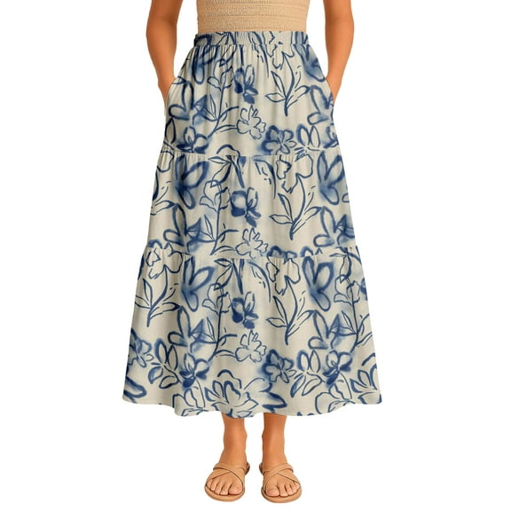 Moomaya Womens Rayon Maxi Skirt with Pockets | Flowy Tiered Boho Skirt | Elastic Waist Resort Wear | Summer & Travel Outfit