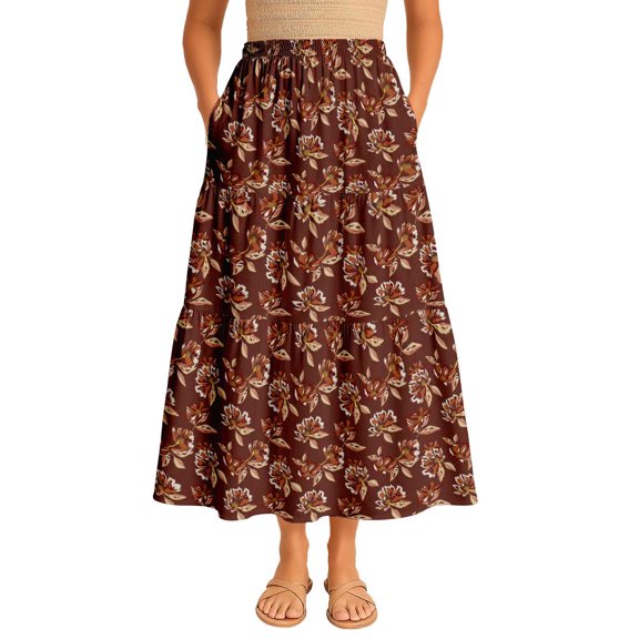 Moomaya Womens Rayon Maxi Skirt with Pockets | Flowy Tiered Boho Skirt | Elastic Waist Resort Wear | Summer & Travel Outfit