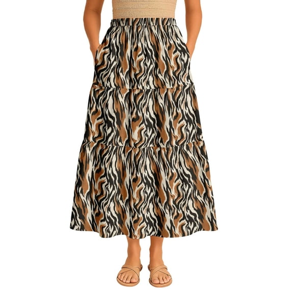 Moomaya Womens Rayon Maxi Skirt with Pockets | Flowy Tiered Boho Skirt | Elastic Waist Resort Wear | Summer & Travel Outfit