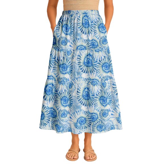 Moomaya Womens Rayon Maxi Skirt with Pockets | Flowy Tiered Boho Skirt | Elastic Waist Resort Wear | Summer & Travel Outfit