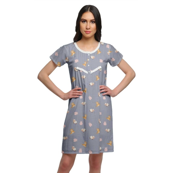Moomaya Womens Round Neck Nursing Sleepwear Printed Short Sleeve Nightdress