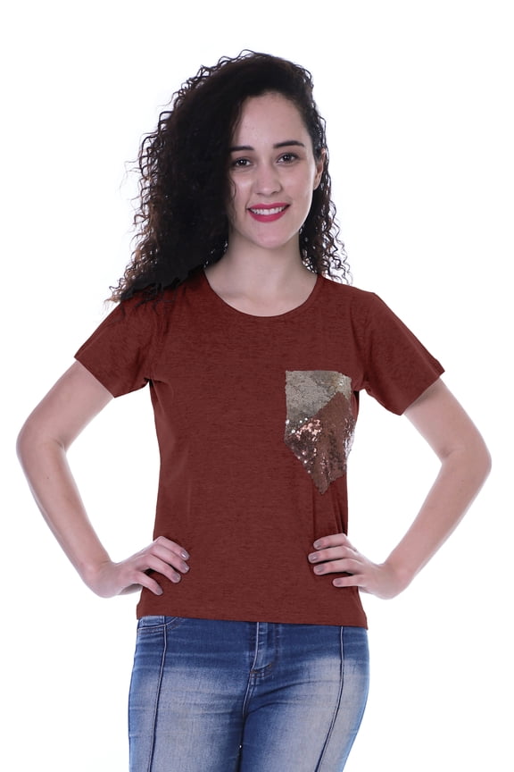 Womens Round Neck T-shirt Short Sleeve Sequin Patch Pocket Tee Top - 24