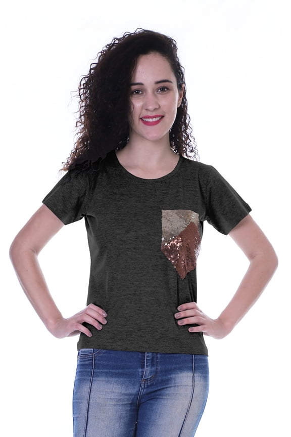Womens Round Neck T-shirt Short Sleeve Sequin Patch Pocket Tee Top - 4Q