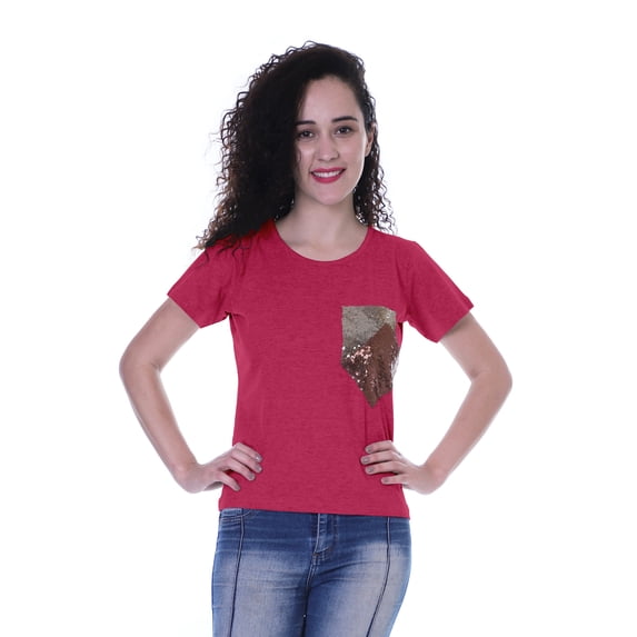 Moomaya Womens Round Neck T-shirt Short Sleeve Sequin Patch Pocket Tee Top - 5S