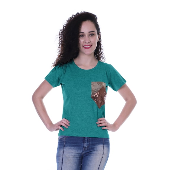 Moomaya Womens Round Neck T-shirt Short Sleeve Sequin Patch Pocket Tee Top - 9K