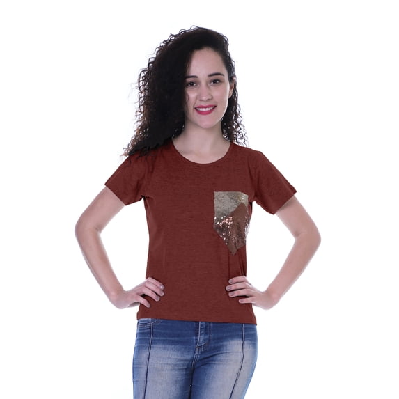 Moomaya Womens Round Neck T-shirt Short Sleeve Sequin Patch Pocket Tee Top - HE