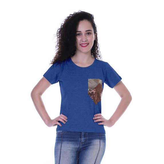 Moomaya Womens Round Neck T-shirt Short Sleeve Sequin Patch Pocket Tee Top - SX