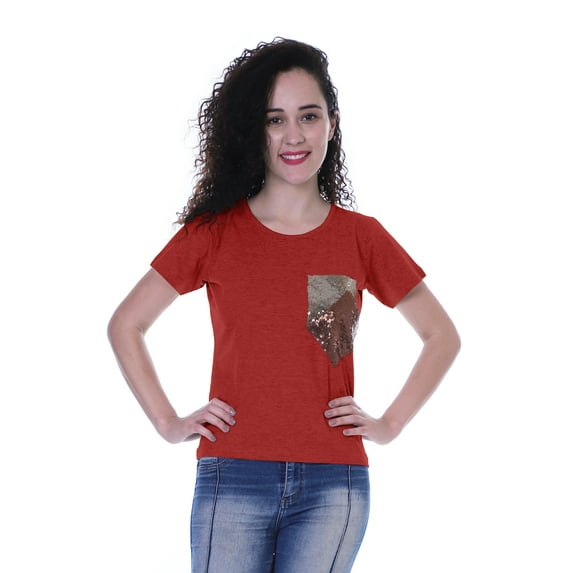Moomaya Womens Round Neck T-shirt Short Sleeve Sequin Patch Pocket Tee Top - YE