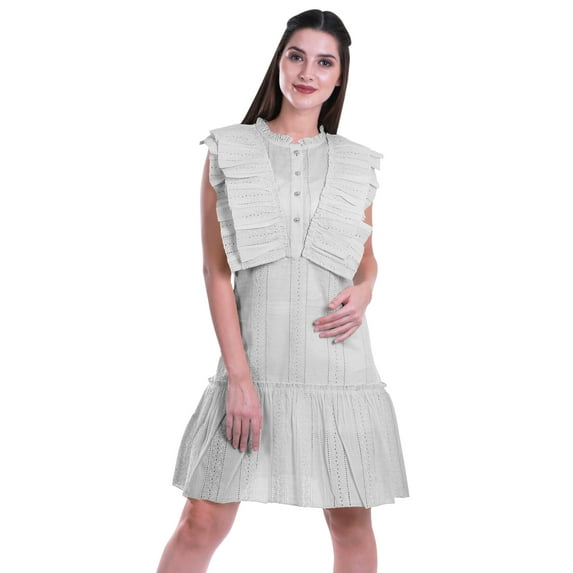 Moomaya Womens Ruffle Sleeve A,Line Schiffli Dress Solid Designer Party Dress
