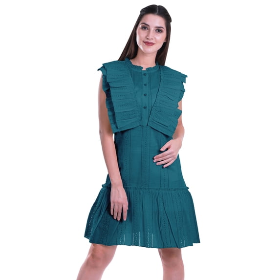 Moomaya Womens Ruffle Sleeve A,Line Schiffli Dress Solid Designer Party Dress