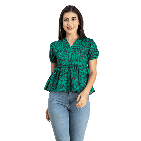 Moomaya Womens Short Puff Sleeves Peplum Top, V Neck Cotton Crop Top