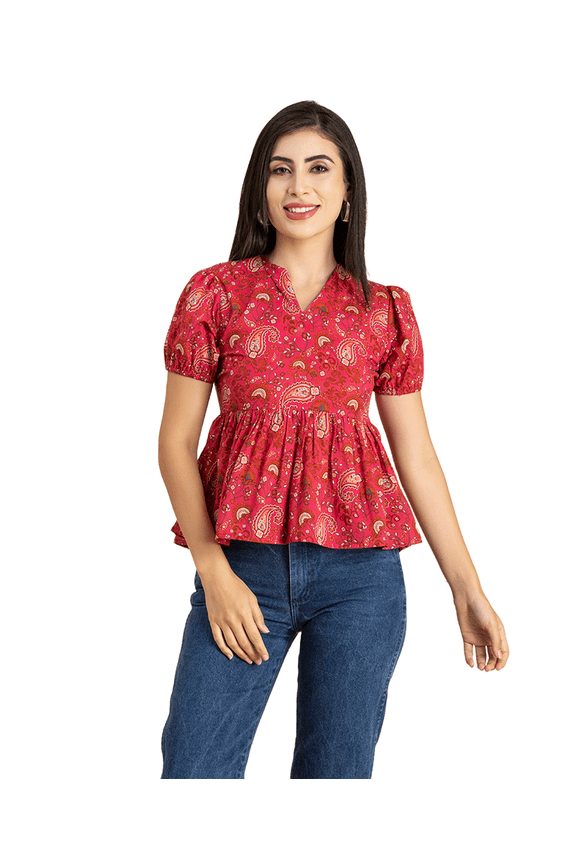 Womens Short Puff Sleeves Peplum Top, V Neck Cotton Crop Top