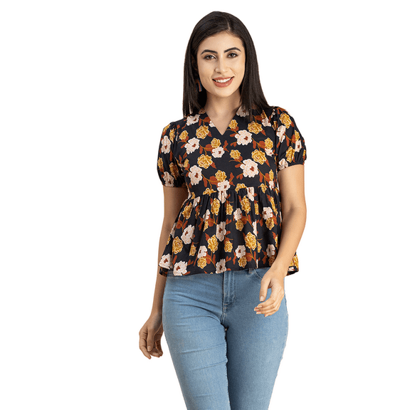 Moomaya Womens Short Puff Sleeves Peplum Top, V Neck Cotton Crop Top