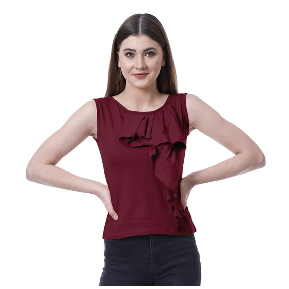 Moomaya Womens Sleeveless Ruffle Top Round Neck Blouse Casual Tshirt Tops