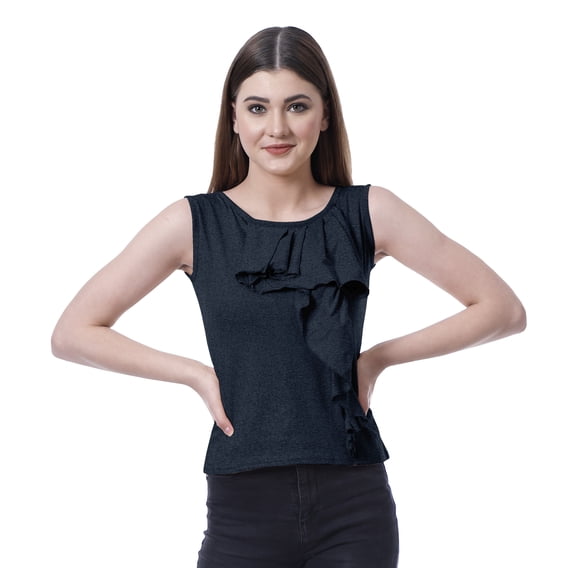 Moomaya Womens Sleeveless Ruffle Top Round Neck Blouse Casual Tshirt Tops