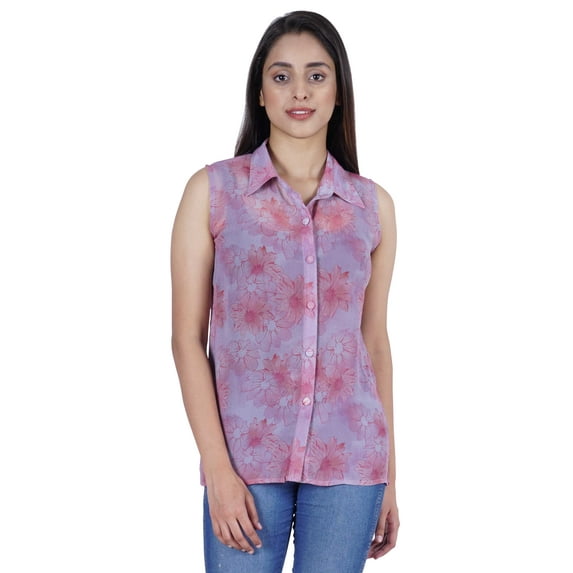 Moomaya Womens Sleeveless Shirt Button Down Top Printed Casual Summer Sheer Blouse