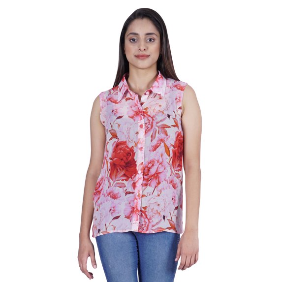 Moomaya Womens Sleeveless Shirt Button Down Top Printed Casual Summer Sheer Blouse