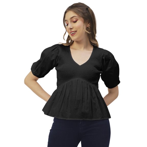 Moomaya Womens Smocked Printed Top, Womens Elbow Sleeve Tops For Summer