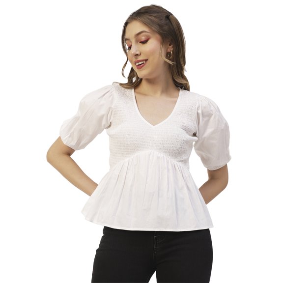 Moomaya Womens Smocked Printed Top, Womens Elbow Sleeve Tops For Summer