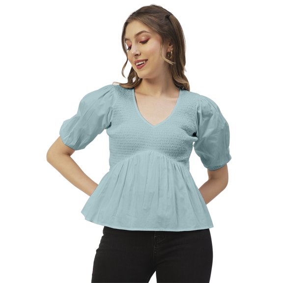 Moomaya Womens Smocked Printed Top, Womens Elbow Sleeve Tops For Summer