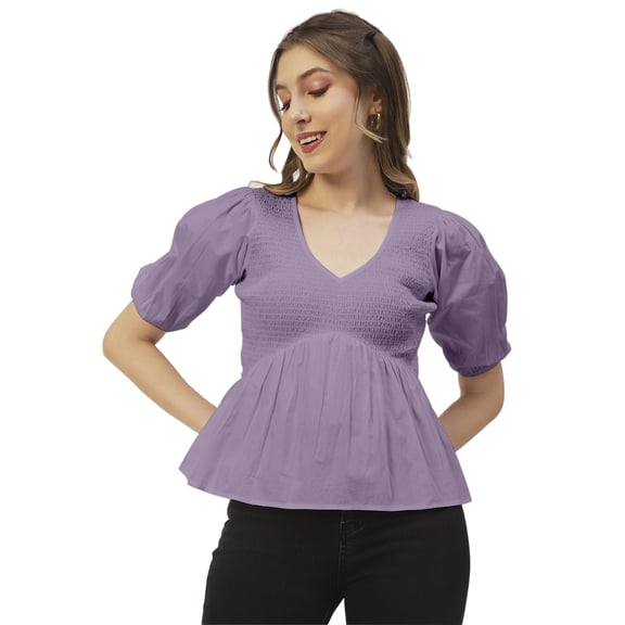 Moomaya Womens Smocked Printed Top, Womens Elbow Sleeve Tops For Summer