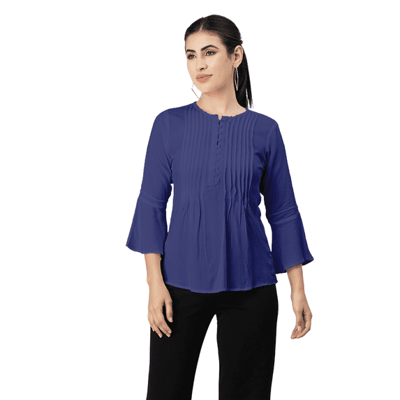 Moomaya Womens Solid Bell Sleeves Top, Round Neck Pleated Buttoned Viscose Top