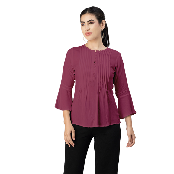 Moomaya Womens Solid Bell Sleeves Top, Round Neck Pleated Buttoned Viscose Top