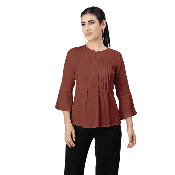 Moomaya Womens Solid Bell Sleeves Top, Round Neck Pleated Buttoned Viscose Top