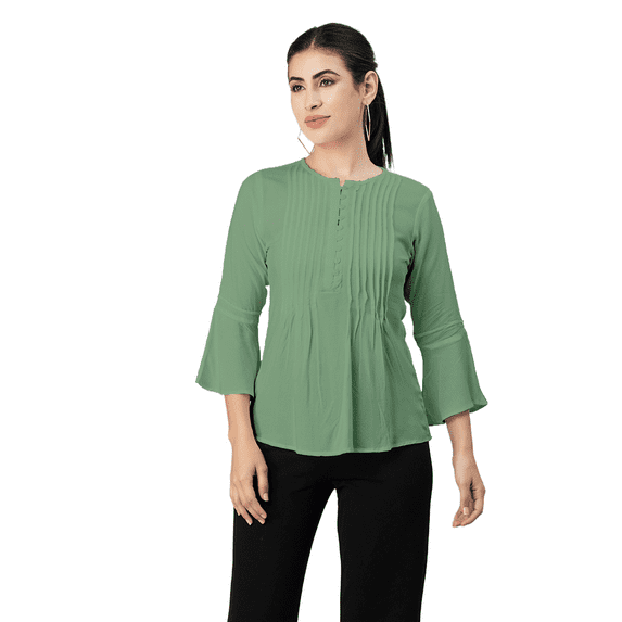 Moomaya Womens Solid Bell Sleeves Top, Round Neck Pleated Buttoned Viscose Top