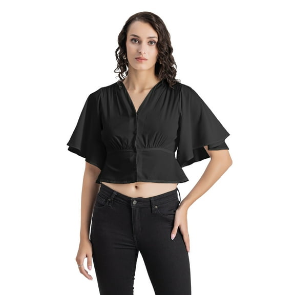 Moomaya Womens Solid Colors Tops, V Neck, Flutter Sleeves Casual Top