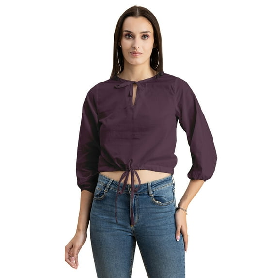 Moomaya Womens Solid Cottn Crop Top, Tie-Up Waist Elbow Sleeves Short Top