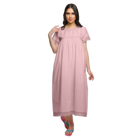 Moomaya Womens Solid Cotton Knee Long Nightdress Lace Neckline Maxi Nightwear