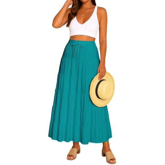 Moomaya Womens Solid Cotton Maxi Skirt with Pockets | Tiered 40-Inch Long Skirt | Elastic Waist Resort Wear | Summer Outfit