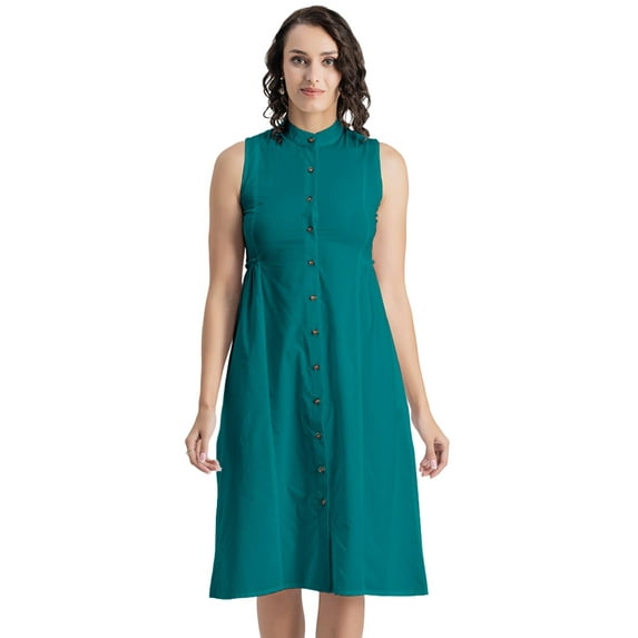 Moomaya Womens Solid Cotton Midi Dress, Sleeveless Summer Dress With Buttoned Closure