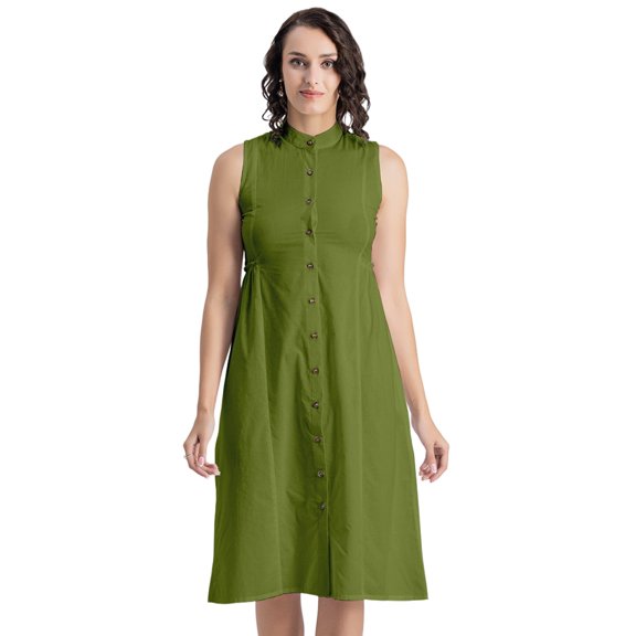Moomaya Womens Solid Cotton Midi Dress, Sleeveless Summer Dress With Buttoned Closure