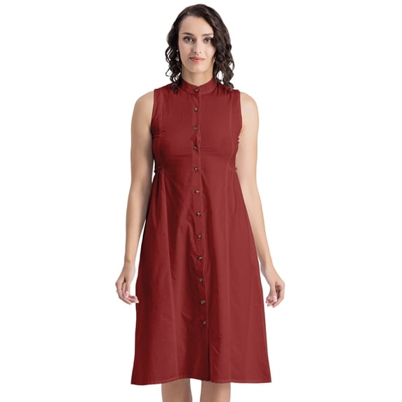 Moomaya Womens Solid Cotton Midi Dress, Sleeveless Summer Dress With Buttoned Closure