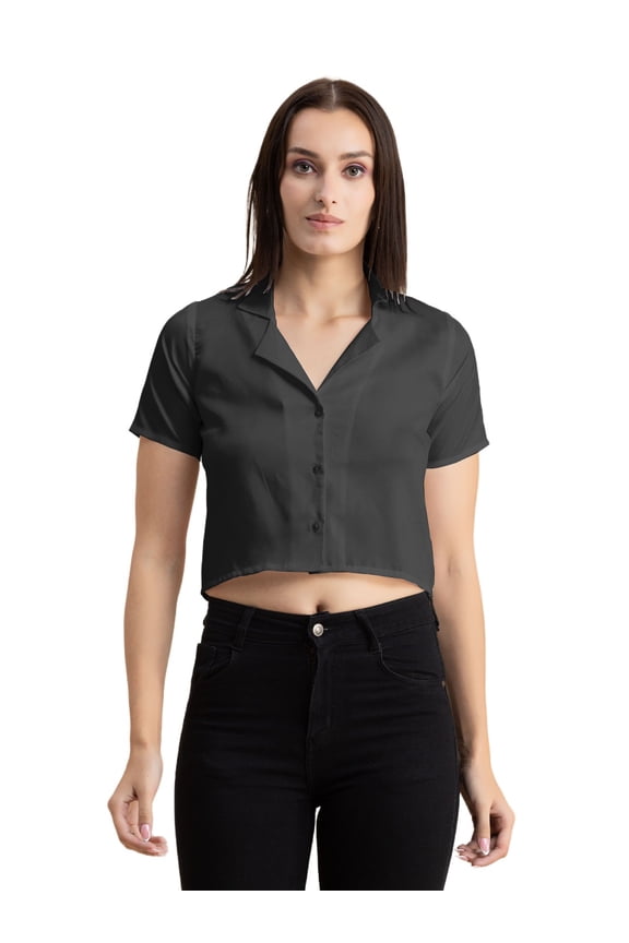 Womens Solid Crop Shirt, Short Sleeves, Buttoned Shot Top